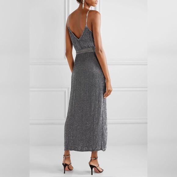 Retrofete Rebecca  Grey Velvet Trimmed Sequined Chiffon Dress ( No Belt) - Picture 3 of 11